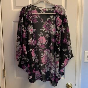 Charming Charlie Purple, Pink, Black and Gray Floral Kimono S Medium